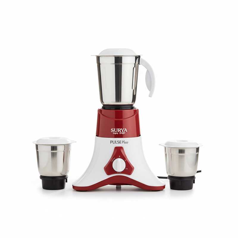Surya Roshni Pulse Plus 1000W Mixer Grinder | Powerful Motor, 3 Stainless Steel Jars, Super Efficient Blades, Motor Overload Protection, 5-Year Warranty_PULSE-PLUS-500